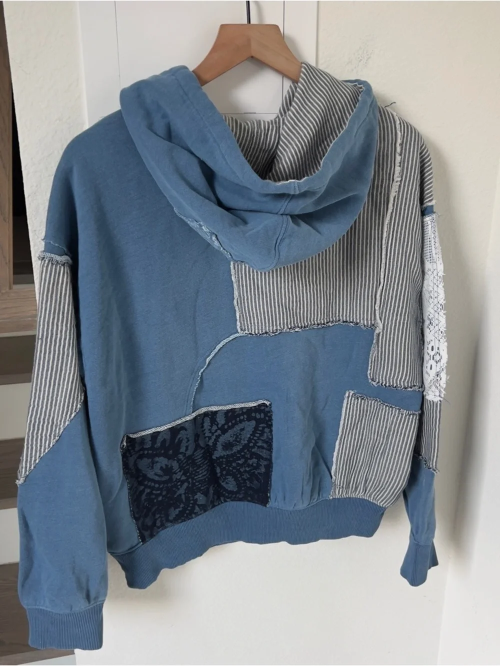 NWT Free People We The Free Tattered Romance Hoodie in Blue Indigo Combo